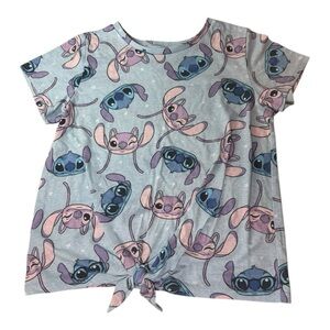 Disney Stitch & Angel Faces Short Sleeve Tie Front T-Shirt Top Size XL